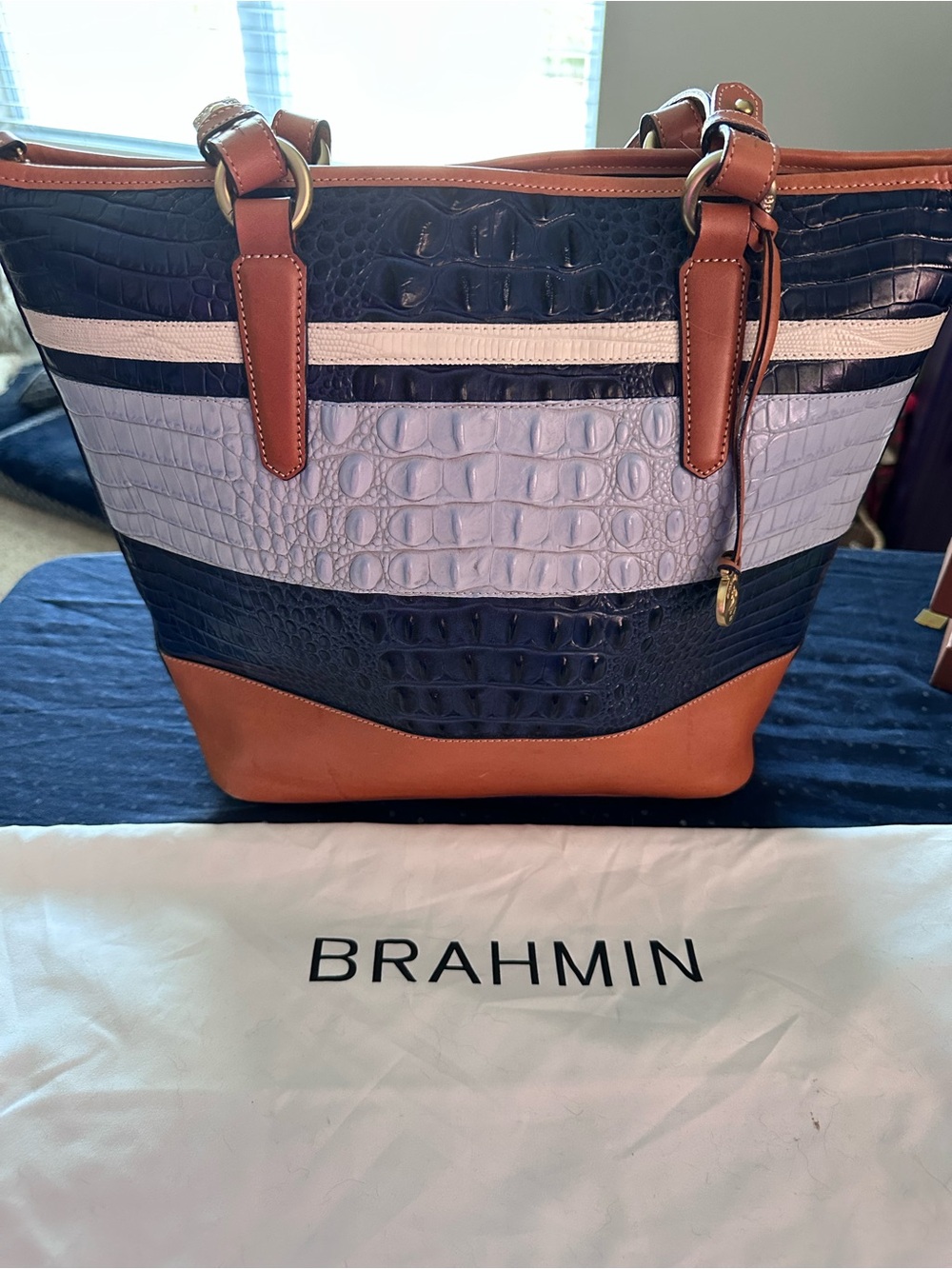 Brahmin Navy, Light Blue & Tan Croc-Embossed Colorblock Tote